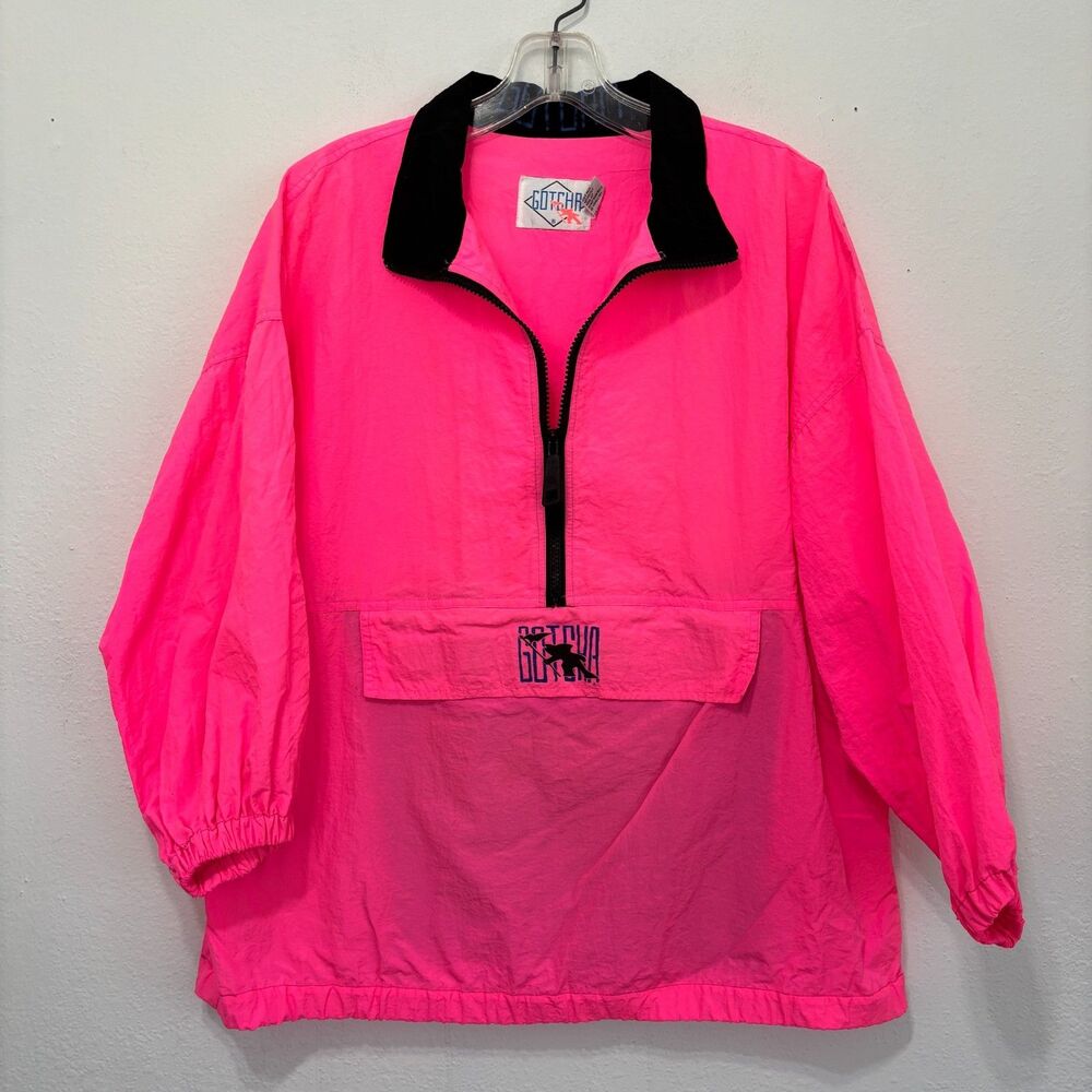 Gotcha Mens Anorak Jacket Medium Vintage 90s Neon Pink Surf Summer Beach